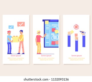 Scrum board proccess - agile methodology to manage project on vertical banners in flat style. Team work on achieving of business goal with visual planning in flat vector illustration.