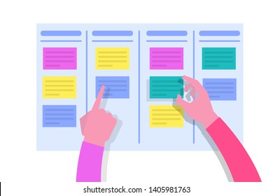 Scrum or canban task board concept with human hands  Notes for agile software development. Vector illustration.