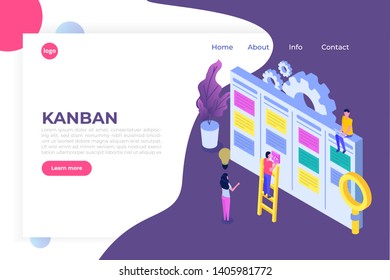 Scrum or canban task board isometric concept. Notes for agile software development. Vector illustration.