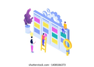 Scrum or canban task board isometric concept. Notes for agile software development. Vector illustration.