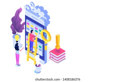 Scrum or canban task board isometric concept. Notes for agile software development. Vector illustration.