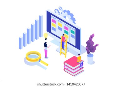 Scrum or canban task board isometric concept. Notes for agile software development. Vector illustration.