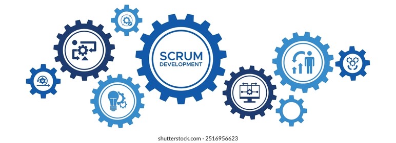 Scrum Development Banner Vetor Concept com ícones para metodologia ágil, desenvolvimento de software, processos iterativos e crescimento incremental