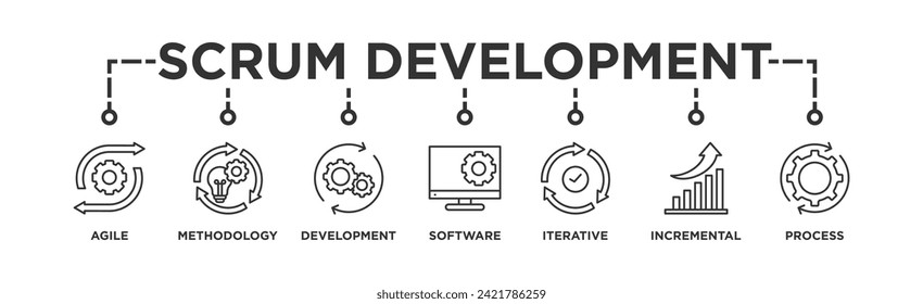 Pancarta de desarrollo de escudo Icono de la web Icono de ilustración vectorial con icono de ágiles, metodología, desarrollo, software, iterativo, incremental y proceso