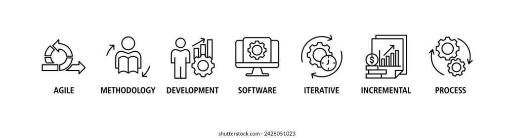 Scrum banner de desarrollo web icono conjunto de ilustración vectorial concepto con icono de ágil, metodología, desarrollo, software, iterativo, incremental y proceso