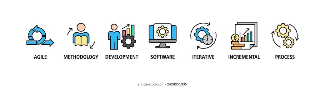 Scrum banner de desarrollo web icono conjunto de ilustración vectorial concepto con icono de ágil, metodología, desarrollo, software, iterativo, incremental y proceso