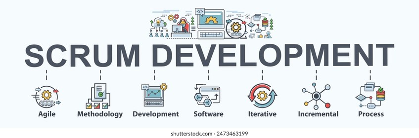 Scrum development banner web icon vector illustration concept for business management, agile, methodology, development, software, iterative, incremental and process.