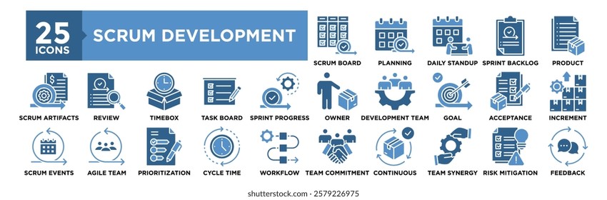 Scrum Development collection set. Containing design Scrum Board, Sprint Planning, Daily Standup, Sprint Backlog, Product Backlog