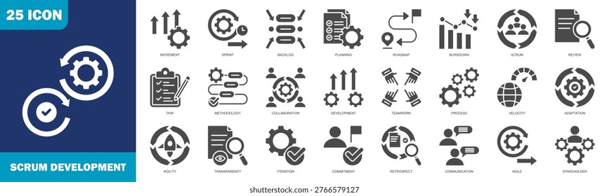 scrum development icon set collection in glyph style. icon set consist of increment, sprint, backlog, planning, roadmap, burndown, scrum, review, task, and more.