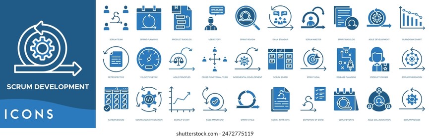 Scrum Development icon set. Scrum Team, Sprint Planning, Product Backlog, User Story, Sprint Review, Daily Standup, Scrum Master, Sprint Backlog, Agile Development, Burndown Chart