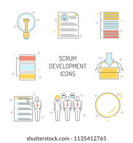Scrum development icons set - agile methodology to manage project. Line symbols of team work on achieving of business goal with visual planning in isolated vector illustration.