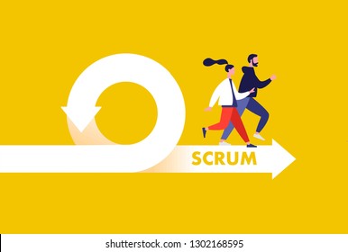 Scrum development methodology icon vector illustration. People running to success. Flexible developing process logo. T-shirt print design.