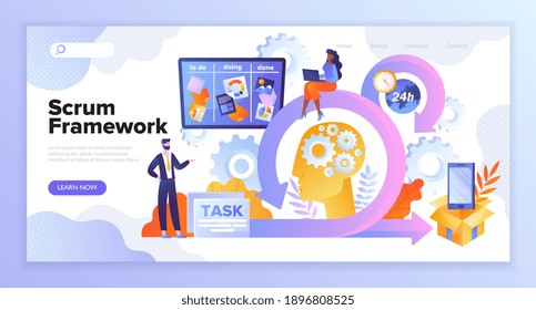 Scrum Framework concept, Diverse multiracial team discussing tasks at Kanban board. Scrum meeting, conversation, working on laptop. Website, webpage, landing page template. Flat vector illustration