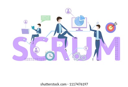 SCRUM framework. Concept with keywords, letters and icons. Colored flat vector illustration on white background.