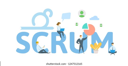 SCRUM framework. Concept with keywords, letters and icons. Colored flat vector illustration on white background.