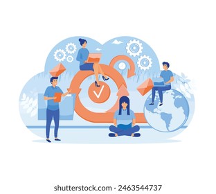 Scrum Framework concept. Scrum process diagram as agile software development scheme. Team discussing tasks at Kanban board and working on laptop. flat vector modern illustration