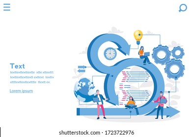 Scrum Framework, Team discussing tasks at Kanban board. Vector illustration for web banner, infographics, mobile. Scrum meeting, conversation, working on laptop. 