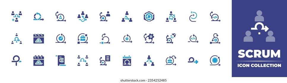 Scrum icon collection. Duotone color. Vector and transparent illustration. Containing agile, scrum, agile team, product, iteration, sprint, search, calendar, planning, team, and more.