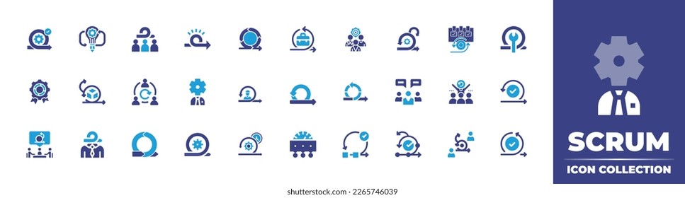 Scrum icon set. Duotone color. Vector illustration. Containing scrum, agile, teamwork, agile team, development, repair, devops, sprint, meeting, team, iteration, business meeting, leader.