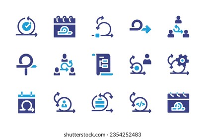 Scrum icon set. Duotone color. Vector illustration. Containing agile, agile team, iteration, scrum, sprint, search, calendar, planning. 