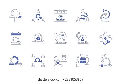 Scrum icon set. Duotone style line stroke and bold. Vector illustration. Containing search, team, calendar, agile team, iteration, planning, scrum, sprint, agile.