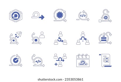 Scrum icon set. Duotone style line stroke and bold. Vector illustration. Containing product, agile, scrum, sprint, agile team, iteration, calendar.