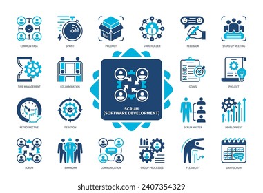 Scrum icon set. Stakeholders, Sprint, Common Task, Collaboration, Iteration, Retrospective, Feedback, Development. Duotone color solid icons