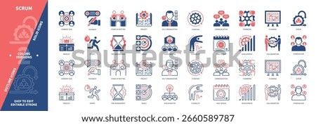 Scrum icon set. Stakeholders, Sprint, Daily SCRUM, Collaboration, Iteration, Self Organization, Feedback, Development. Duotone color solid and editable outline icons