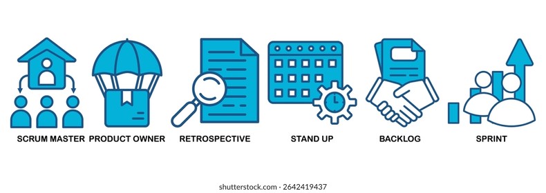 Ícone Scrum definir conceito de ilustração vetorial com ícone de scrum master, proprietário do produto, retrospectiva, stand up, backlog e sprint