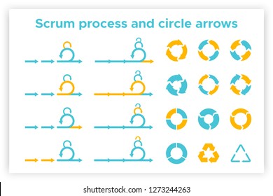 Scrum info graphic diagram element vector set illustration. Agile diagram, recycle symbol and circle chart element collection. Group of blue and orange symbols for scrum methodology info graphic
