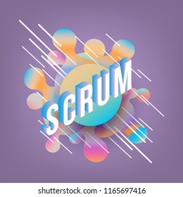 Scrum isometric gradient text design on abstract geometric fluid colors shapes and bubbles on deep violet background - vector illustration of trendy volumetric effect of software development term.