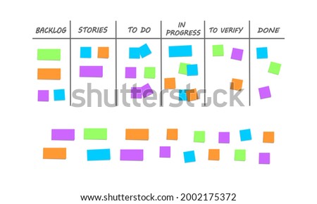 Scrum or kanban board template with stages of workflow process and colorful cards for tasks on and under it. Management teamwork concept. Agile sprint planning. Vector flat illustration.