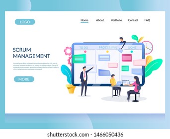 Scrum management vector website template, web page and landing page design for website and mobile site development. Scrum methodology concept with tiny programmers team moving cards on big task board.