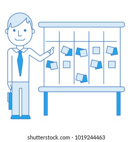 Scrum master illustration in blue tones who is pointing on kanban board with sticky notes for team work and visual management. Vector flat illustration, isolated on white.