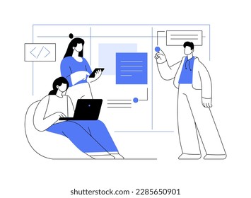 Scrum meeting abstract concept vector illustration. Group of IT company workers discussing project development, stand up meeting in office, teamwork organization, planning idea abstract metaphor.