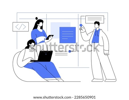 Scrum meeting abstract concept vector illustration. Group of IT company workers discussing project development, stand up meeting in office, teamwork organization, planning idea abstract metaphor.