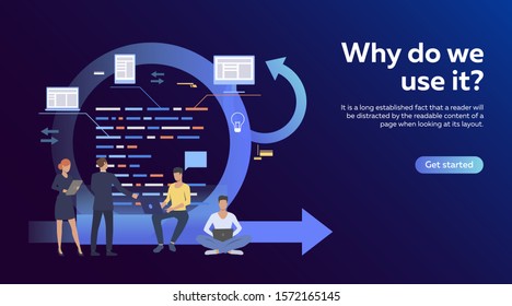 Scrum meeting, conversation, working on laptop. Discussing project flat vector illustration. Business concept for banner, website design or landing web page