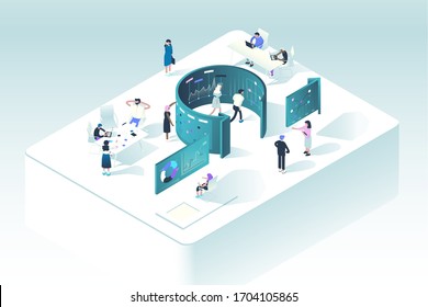 SCRUM methodology concept. Illustration shows how people interact in working process following the rules of Agile project management. Vector illustration.