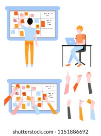 Scrum planning of teamwork on software development set in flat style with agile boards with written tasks, hands with sticky papers and markers and man working with laptop in vector illustration.