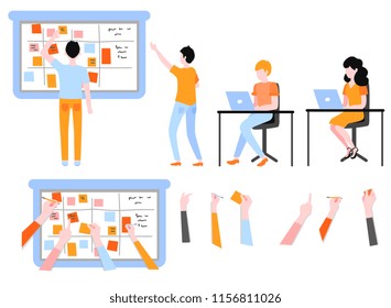 Scrum planning of teamwork on software development set isolated on white background - agile board with written tasks and flat characters working with laptop in vector illustration.
