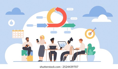 Scrum process of business project development by team with agile methodology. Tiny people work with daily task sprint method for workflow management and integration cartoon vector illustration