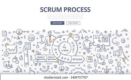 Scrum process concept. Agile methodology in project management & development. Scrum lifecycle. Doodle illustration for web banners, hero images, printed materials
