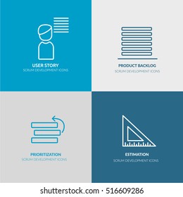 Scrum Software Development outline web icon set for agile, scrum, kanban IT teams for website, banners, flyers. Contains such icons as user story, product backlog, prioritization, estimation