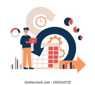 Scrum symbol, man with laptop concept. Flat vector modern illustration for web banner, poster, template. 