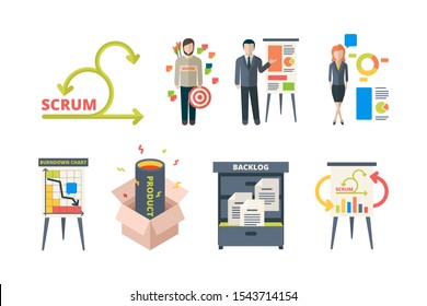 Scrum system. Business processes time management agility team work methodology framework software development project management. Agile system strategy software project development illustration