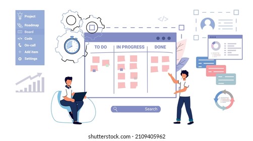 Scrum task board Agile organizer with people sticking papers on it Analyzing process of software development Flat style isolated vector illustration Whiteboard and process teamwork Scheme methodology