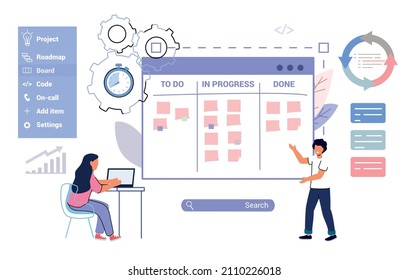 Panel de tareas de Scrum Agile organizador con gente pegando papeles en él Analizando el proceso de desarrollo de software Ilustración vectorial aislada Estilo plano Pizarra electrónica y metodología de trabajo en equipo de procesos