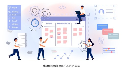 Scrum task board Agile organizer with people sticking papers on it Analyzing process of software development Flat style isolated vector illustration Whiteboard and process teamwork Scheme methodology