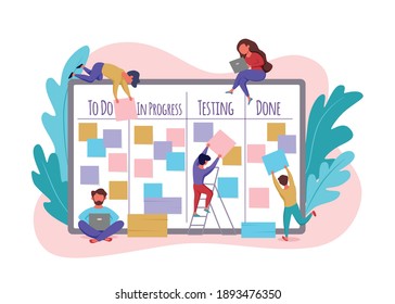 Scrum task board, agile project management vector illustration. Big kanban organizer concept with office team people sticking papers, control processes development, analyzing strategic design template