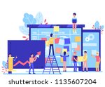 Scrum task board - big agile organizer with people sticking papers on it and analyzing process of software development isolated on white background in flat vector illustration.